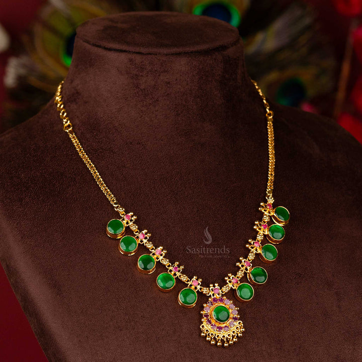 Kerala Palakka Round Motif Necklace with Pink Stones and Golden Balls - Flexible Chain - One Gram Micro Gold Plated - Step 5