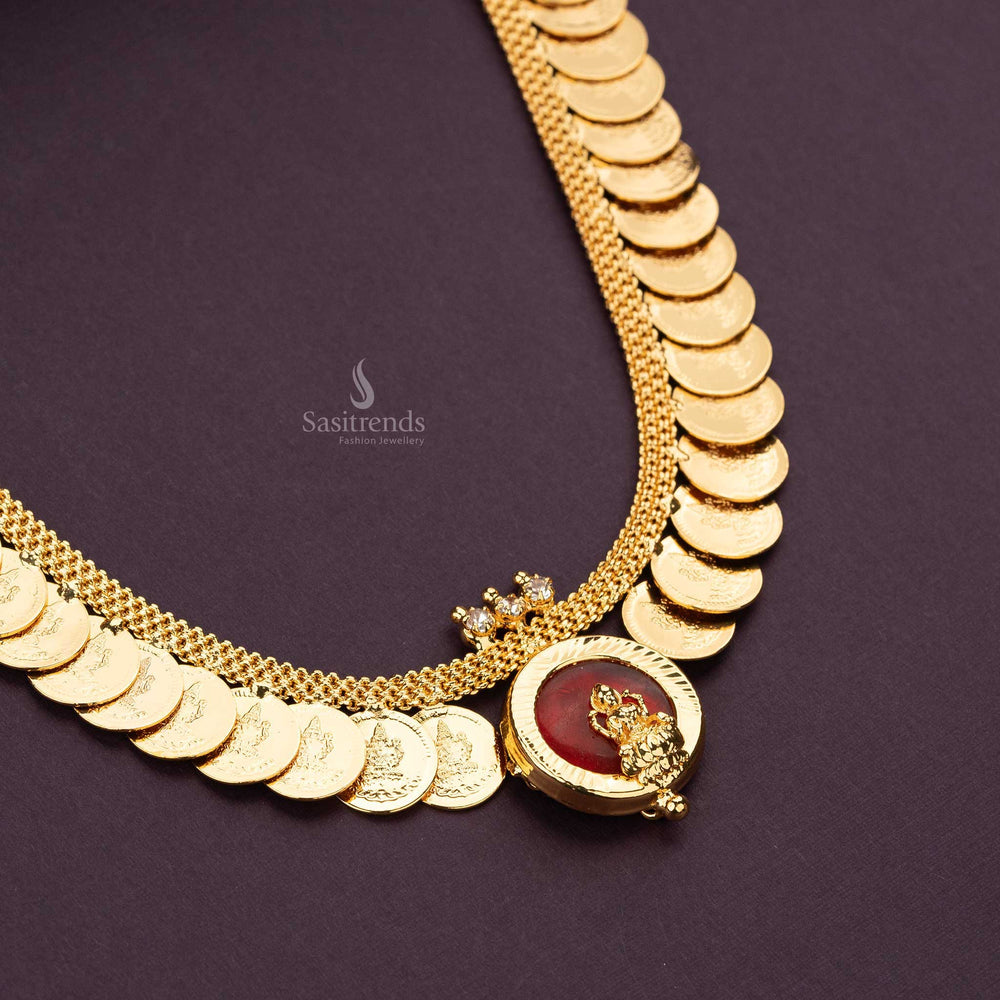 Micro gold plated red Lakshmi Kasu coin necklace with white head stones