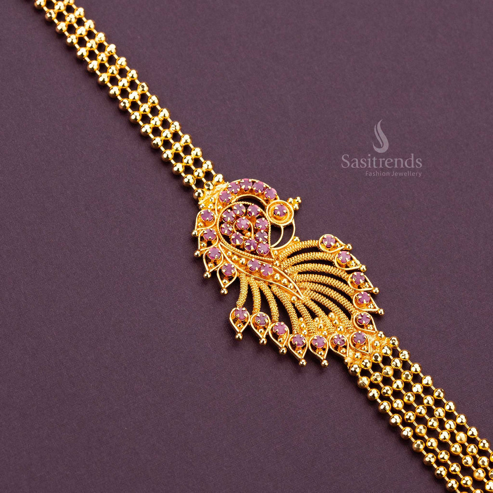 Elegant peacock motif brass necklace with ruby micro gold plating - Sasitrends