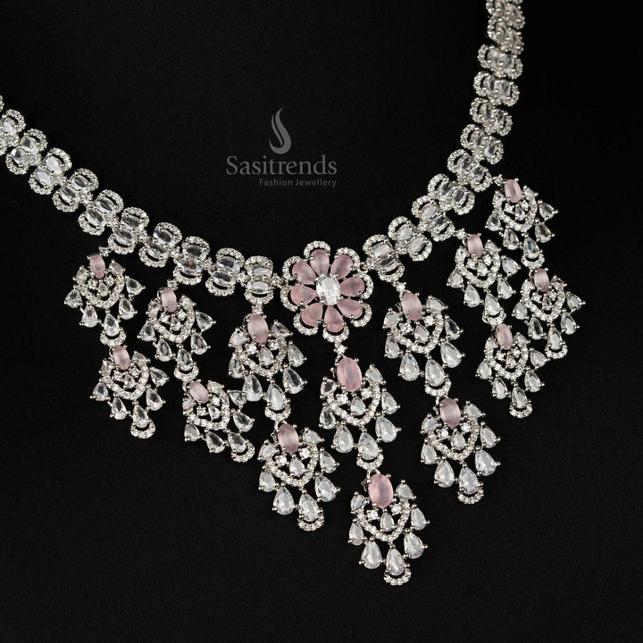 Elegant pink rhodium silver-plated cascading floral bridal choker jewellery set with matching statement earrings, perfect for weddings - Sasitrends