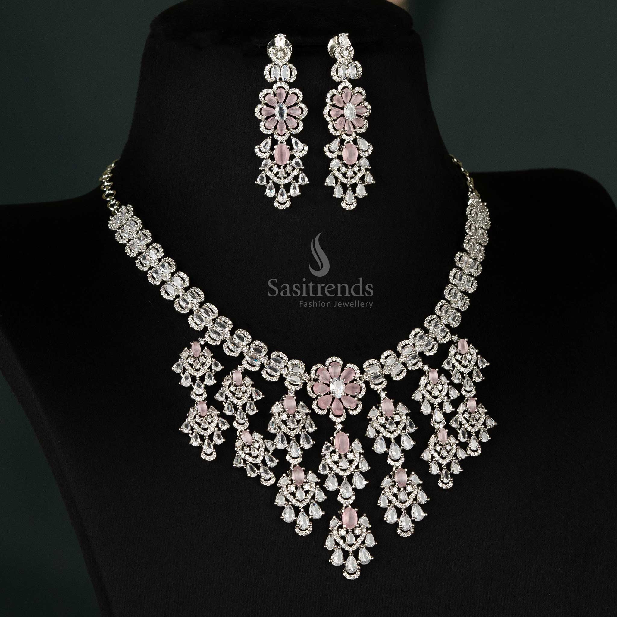 Dreamy pink bridal choker jewellery set, silver-plated with cascading floral motifs and coordinated earrings for special occasions - Sasitrends