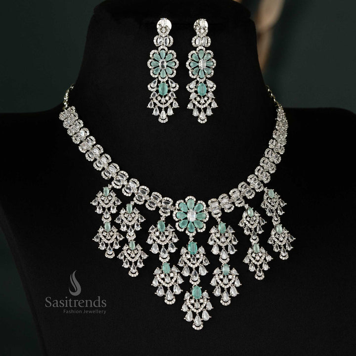 Serene mint green cascading floral choker set, featuring rhodium silver plating and matching earrings for special events - Sasitrends