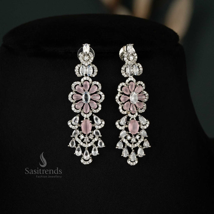 Lustrous pink floral featuring rhodium silver plating matching earrings, ideal for bridal or festive wear - Sasitrends