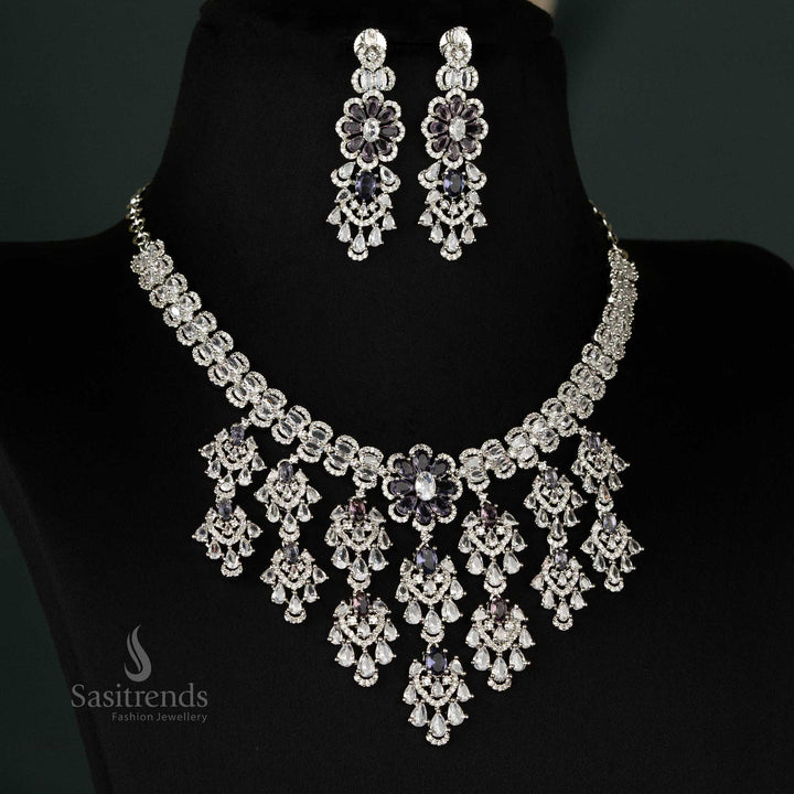 Radiant purple silver-plated floral bridal choker jewellery set, complete with dazzling earrings for a luxurious look - Sasitrends