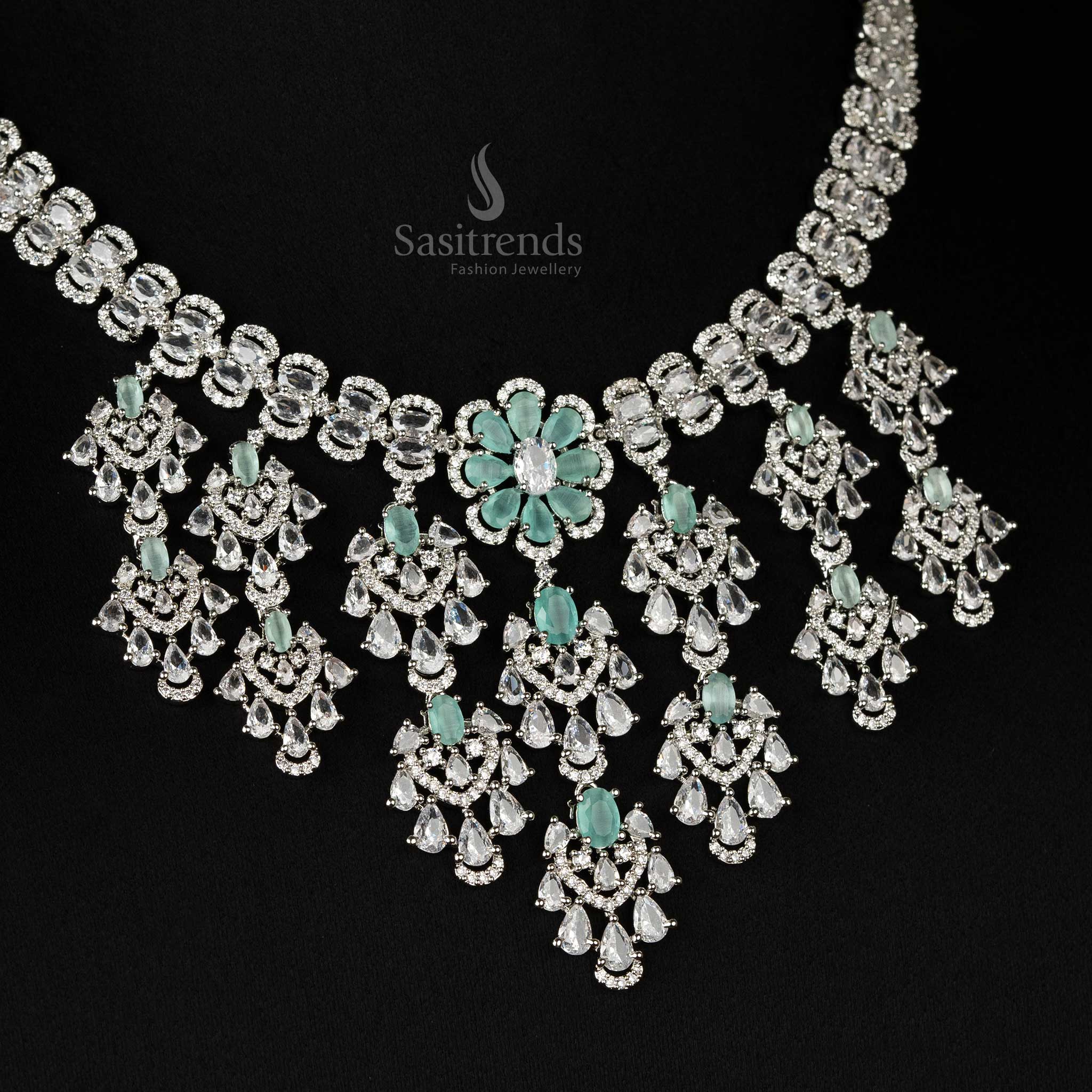 Soft mint floral bridal choker jewellery set in silver plating, complete with elegant drop earrings - Sasitrends