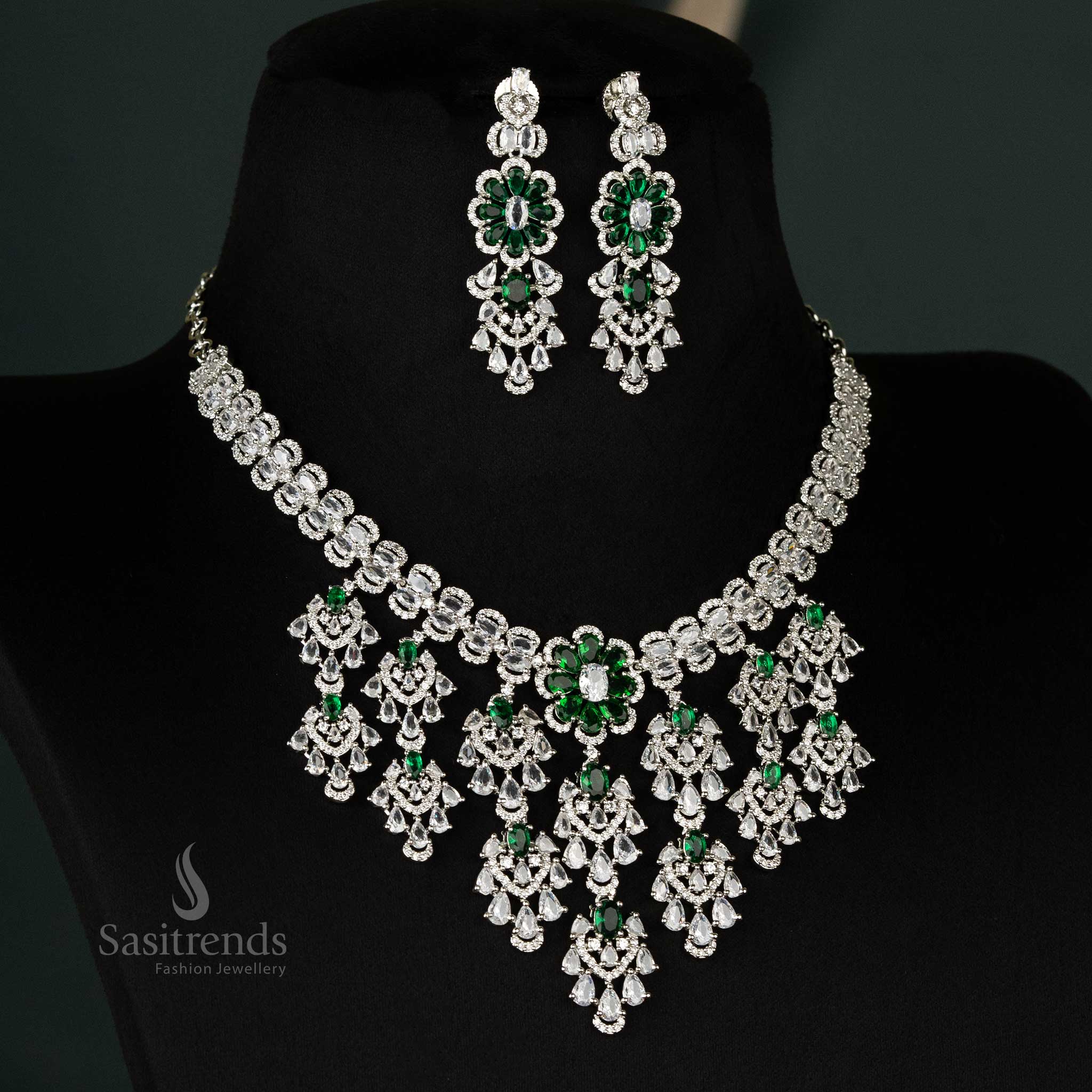 Elegant green cascading floral bridal choker jewellery set in rhodium silver, paired with stunning earrings - Sasitrends