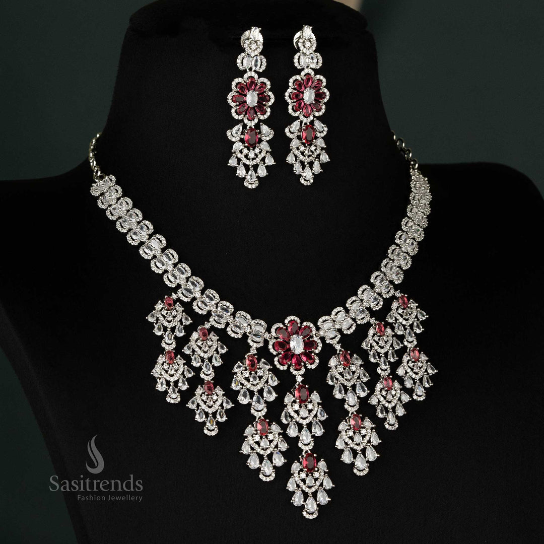 Striking red rhodium silver-plated cascading floral bridal choker jewellery set with complementary earrings - Sasitrends