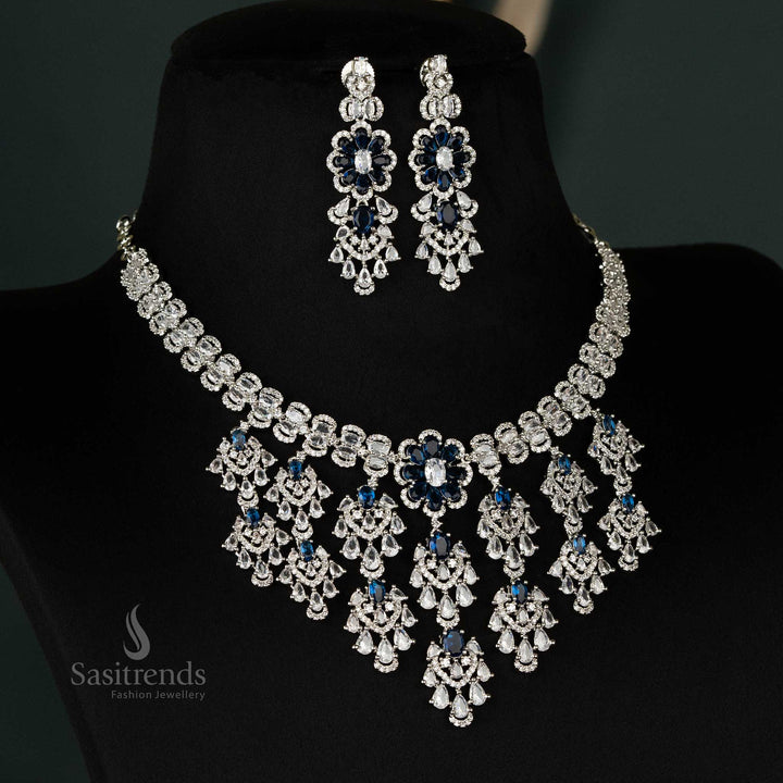 Vibrant blue rhodium-plated floral choker set with coordinated earrings, perfect for weddings or festive celebrations - Sasitrends