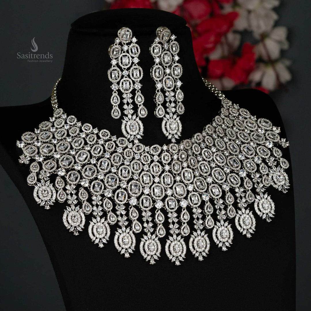 Rhodium-Plated Choker Set featuring cascading American Diamond stones - Sasitrends