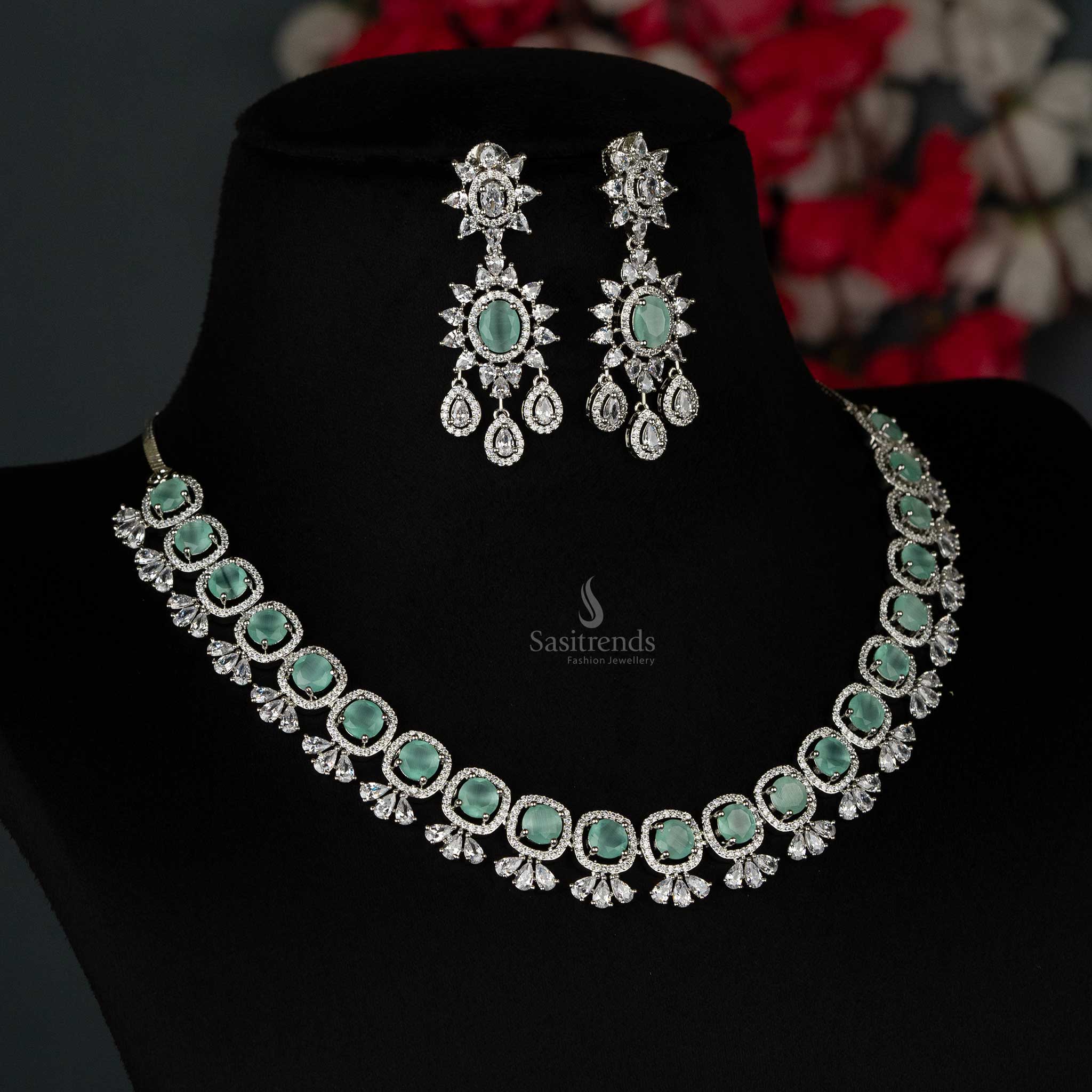 Mint AD stone wedding choker necklace set with matching earrings, ideal for bridal and party wear - Sasitrends