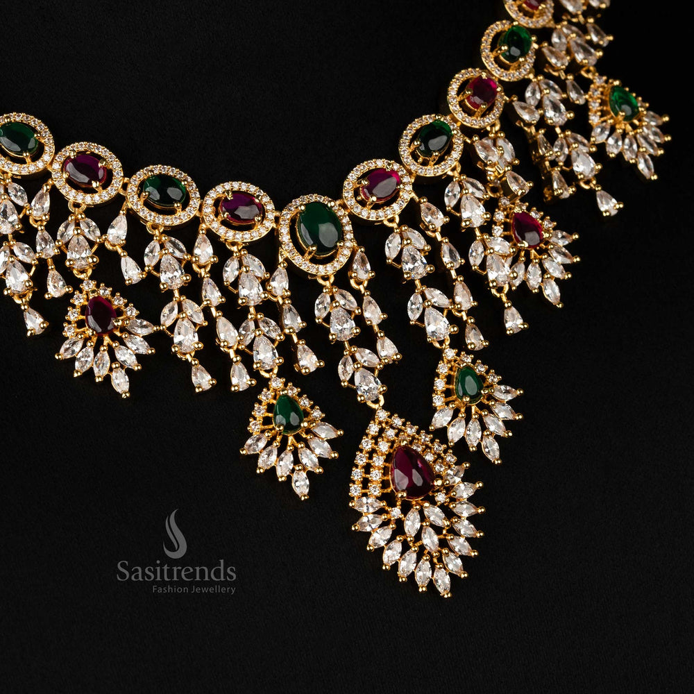 Beautiful gold-plated necklace jewellery set showcasing ruby and green accents with dazzling American diamonds, designed for wedding dresses and parties - Sasitrends