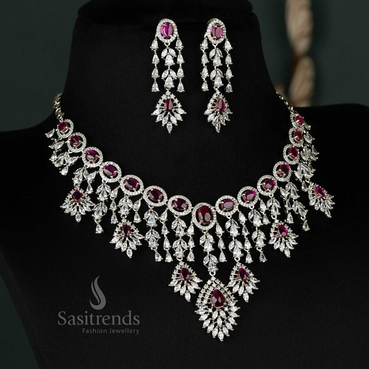 Gorgeous Rhodium Silver And Gold Plated Necklace Jewellery Set with American Diamonds for Wedding Dresses and Party Wear- Sasitrends