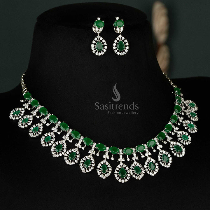 Eye-catching green choker set adorned with a teardrop design, accented by rhodium silver-plating and American diamonds - Sasitrends