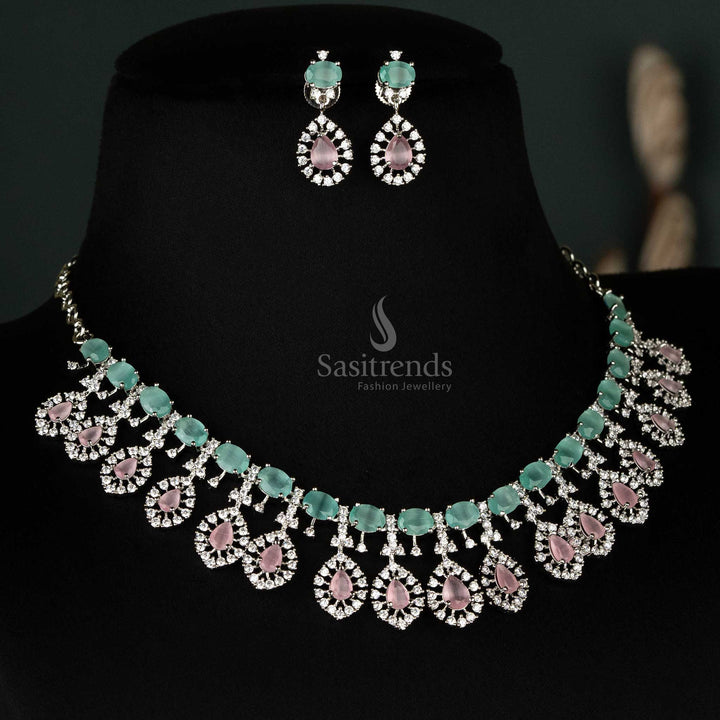 Stylish Rhodium Silver and Gold Plated American Diamond Choker Jewellery Set with Teardrop Design For Party Wear - Sasitrends