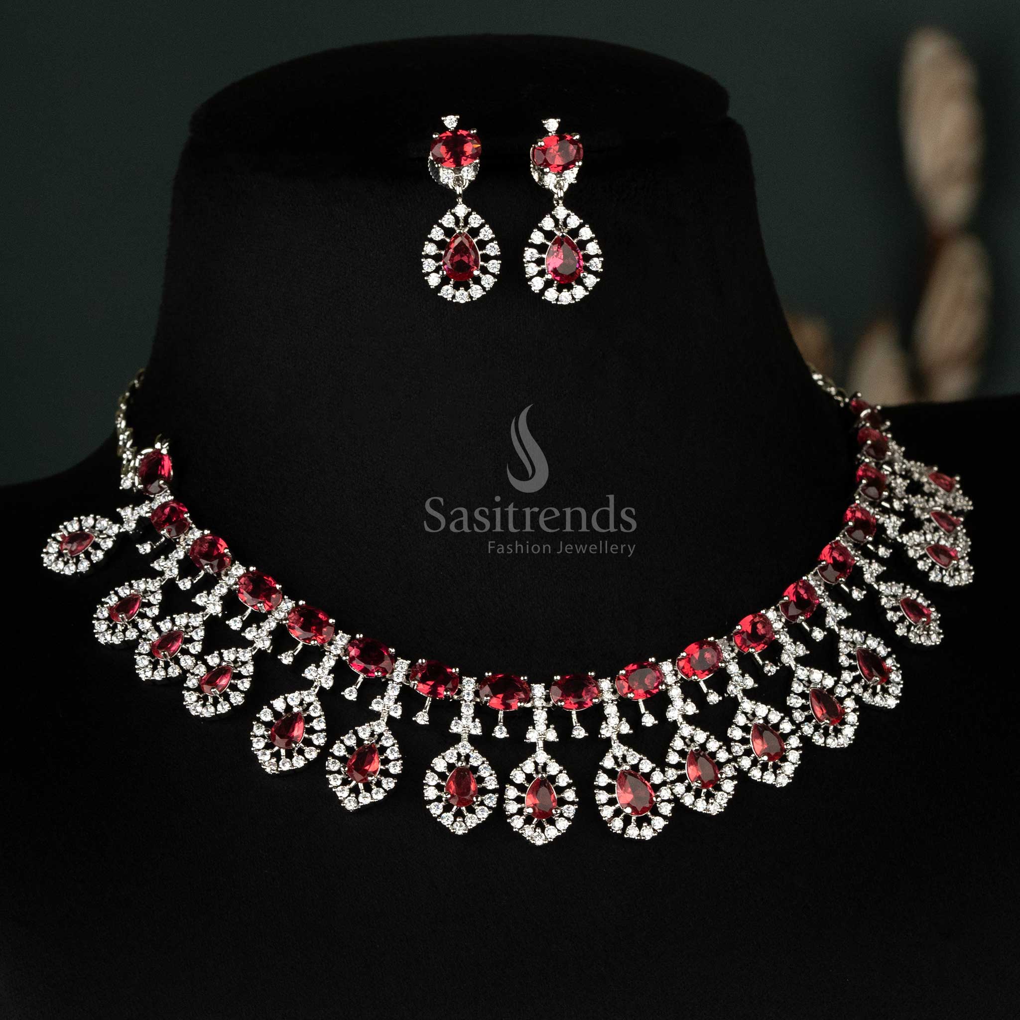 Magnificent red-toned choker set with teardrop details and a rhodium silver-plated finish for a regal touch - Sasitrends