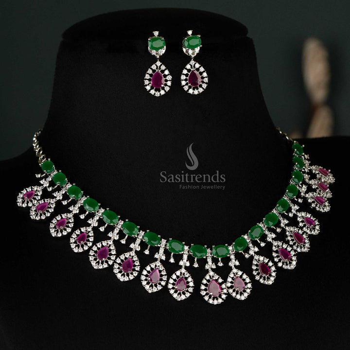 Stunning ruby and green American diamond choker set with teardrop accents and a rhodium silver-plated finish - Sasitrends