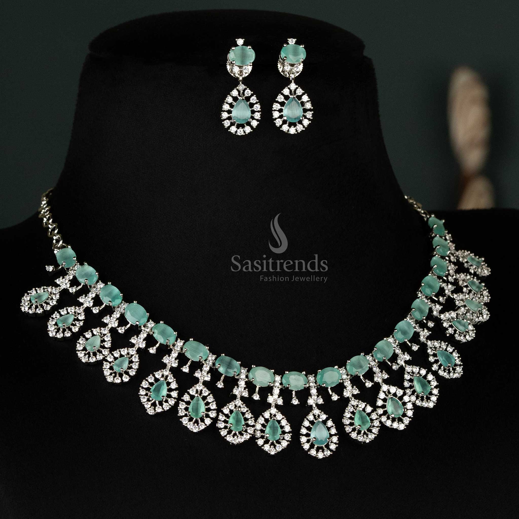 Graceful choker set showcasing an elegant teardrop pattern, crafted with mint-colored accents and rhodium silver-plating - Sasitrends