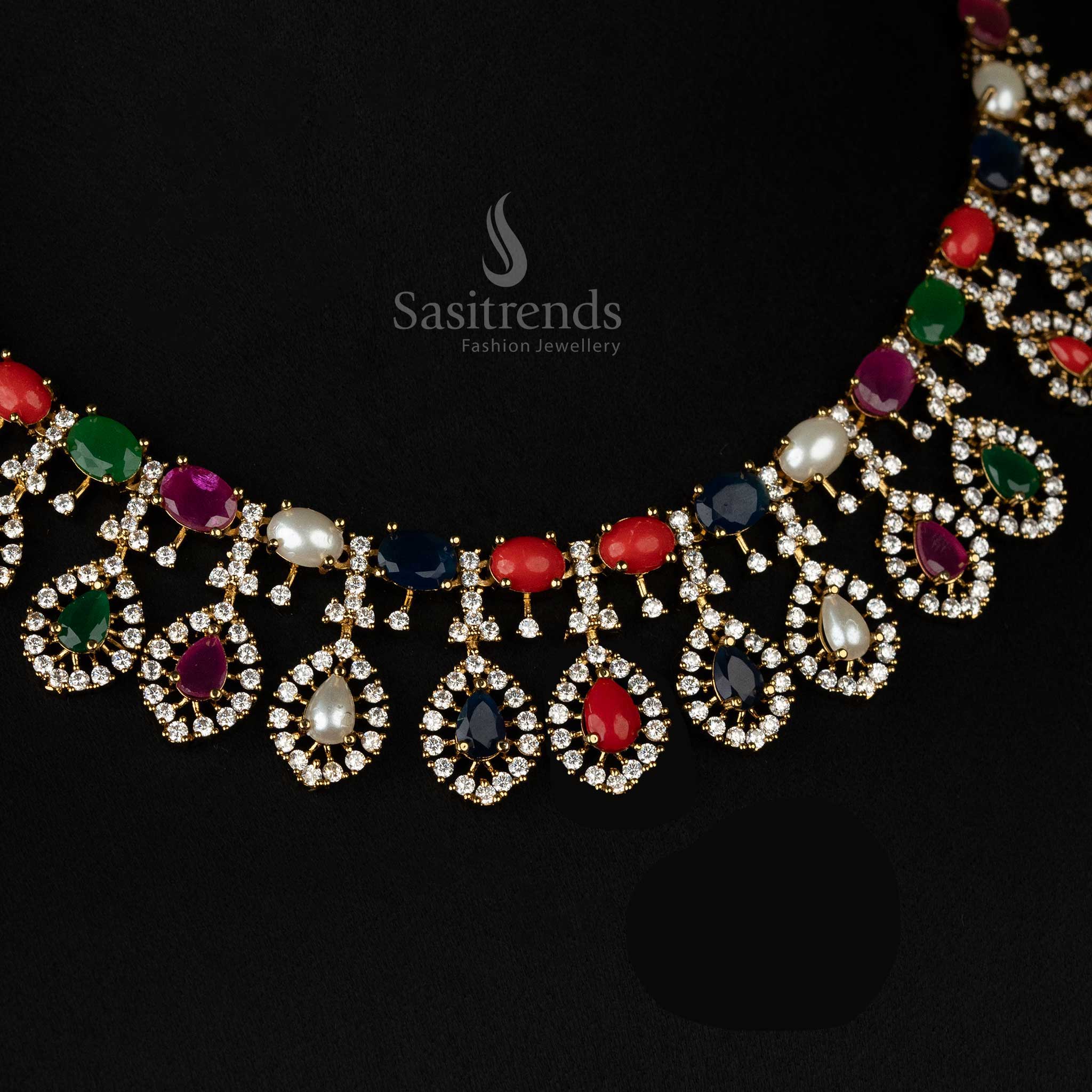 Colorful choker set in a variety of hues, featuring a teardrop design and sparkling American diamonds with gold-plating - Sasitrends