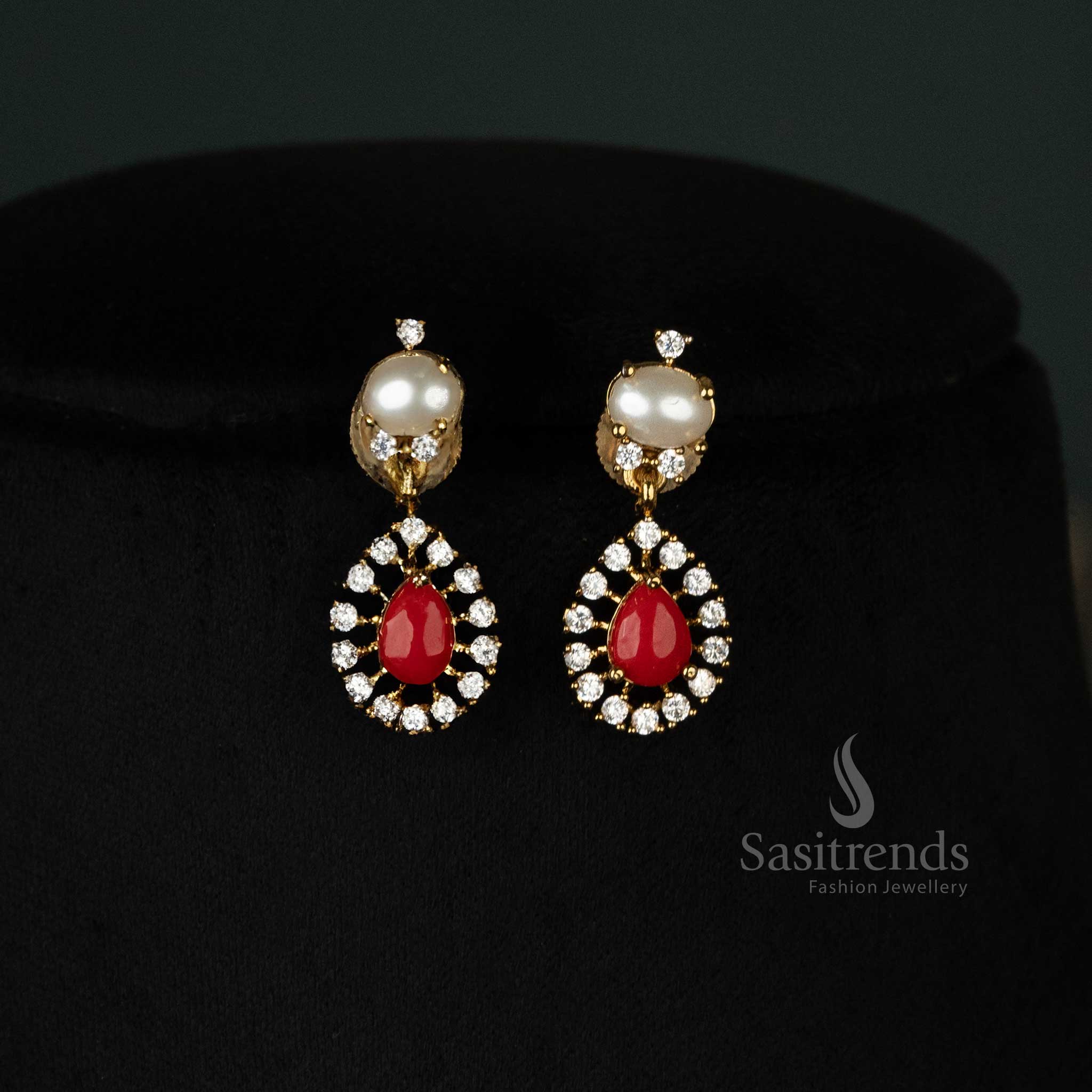 Vibrant choker set in red and white hues, featuring a teardrop pattern with American diamonds and Gold-plating - Sasitrends