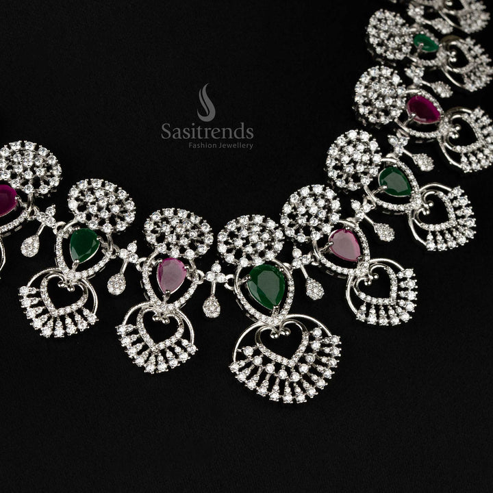 Colorful choker set in a variety of hues, featuring a Heart design and sparkling American diamonds with rhodium silver-plating - Sasitrends
