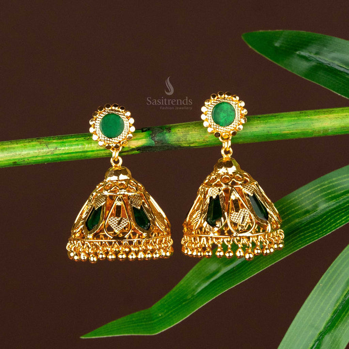 Elegant micro gold plated kerala palakka green stone jhumka earrings sasitrends