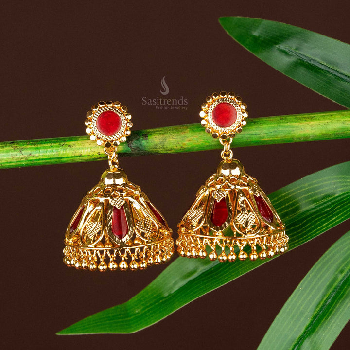 Traditional micro gold plated kerala palakka red stone jhumka earrings sasitrends