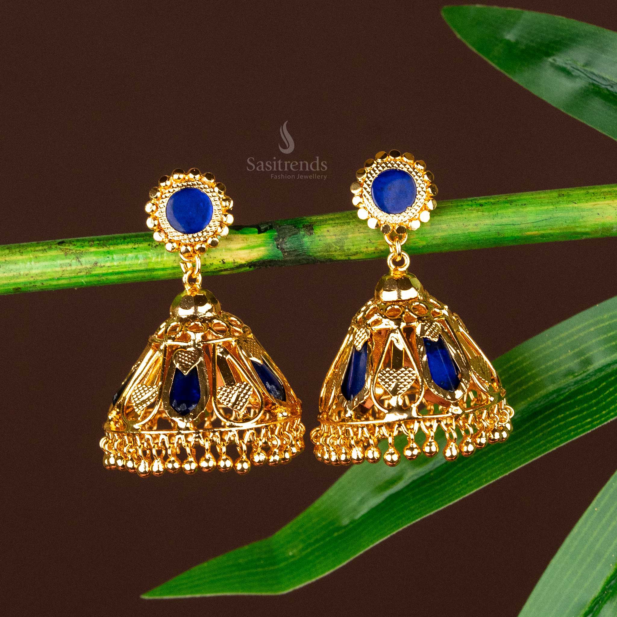 Guranteed micro gold plated kerala palakka Blue stone jhumka earrings sasitrends