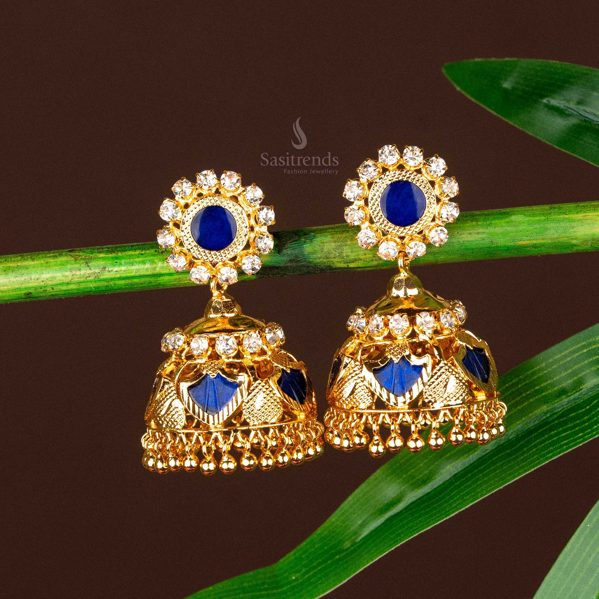 Elegant blue white kerala 5 katta real gold look alike jhumka earrings sasitrends online