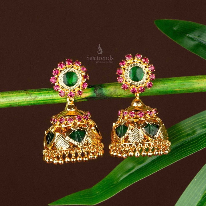 Grand Micro Gold Plated 5-Katta Palakka Jhumka Earrings with Stone-Studded | Sasitrends