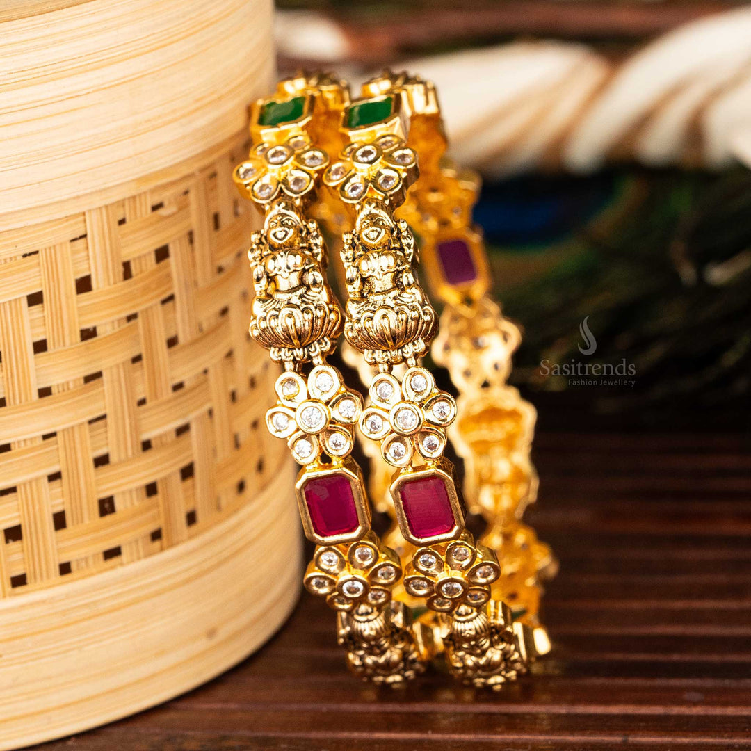 Matte and Micro Gold Plated Lakshmi and Floral Motif Bangles by Sasitrends - Temple Jewellery