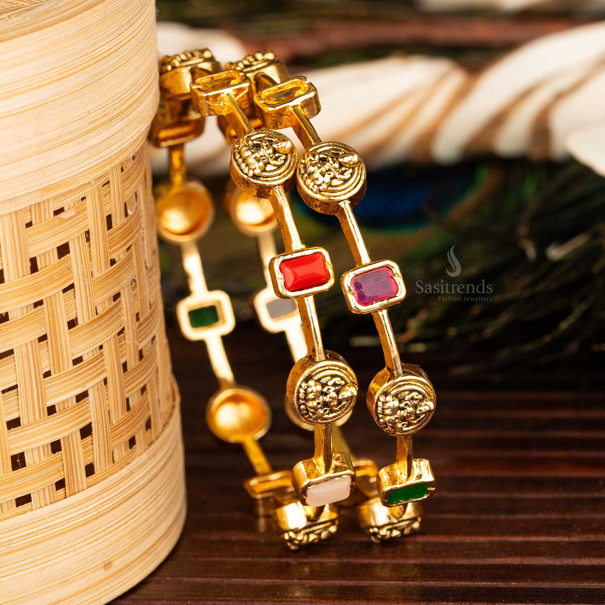 Matte and Micro Gold Plated Lakshmi Round Motif Navaratna Stone Bangles by Sasitrends - Temple Jewellery