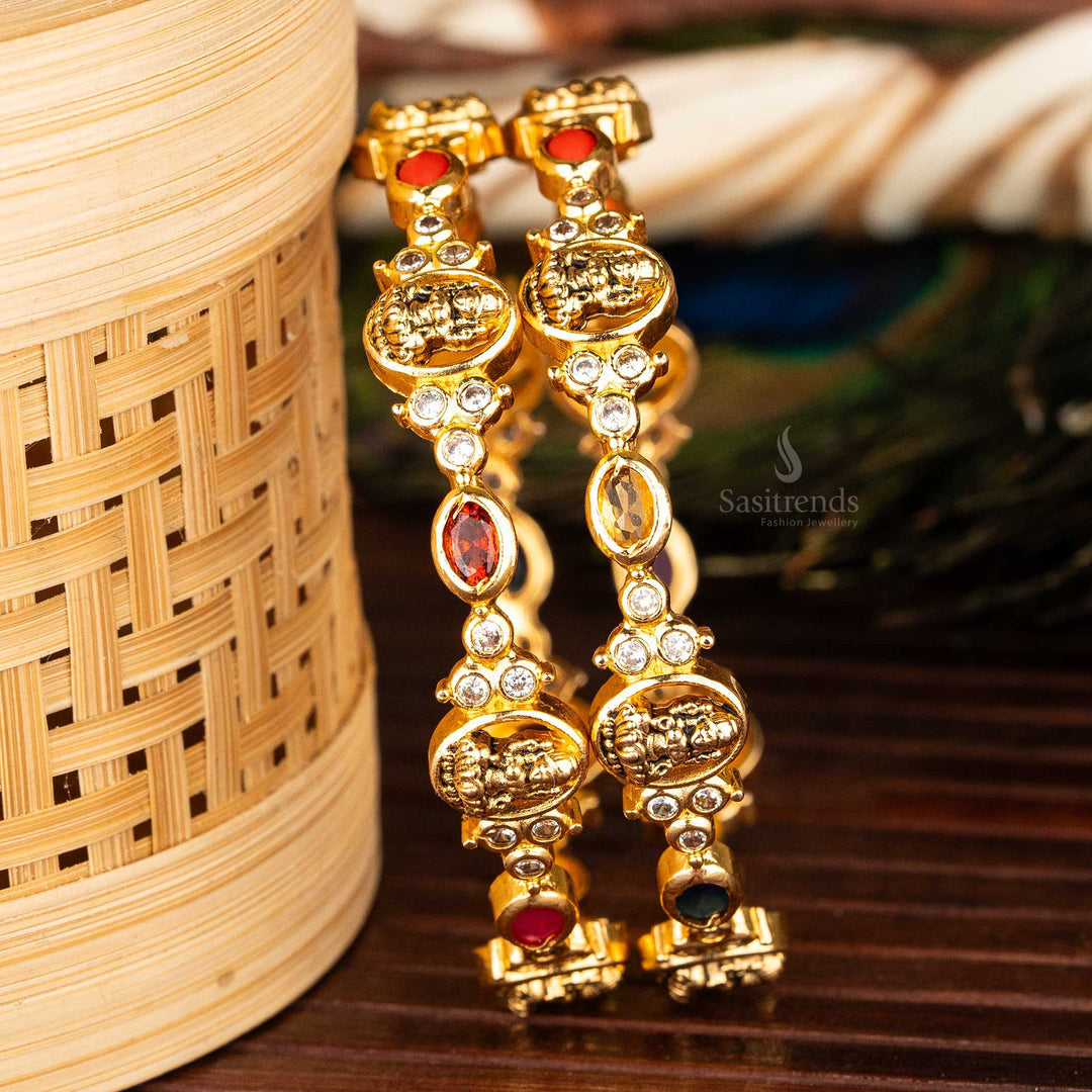 Exquisite Lakshmi Motif Bangles with Oval and Round Stones - Matte and Micro Gold Plating by Sasitrends