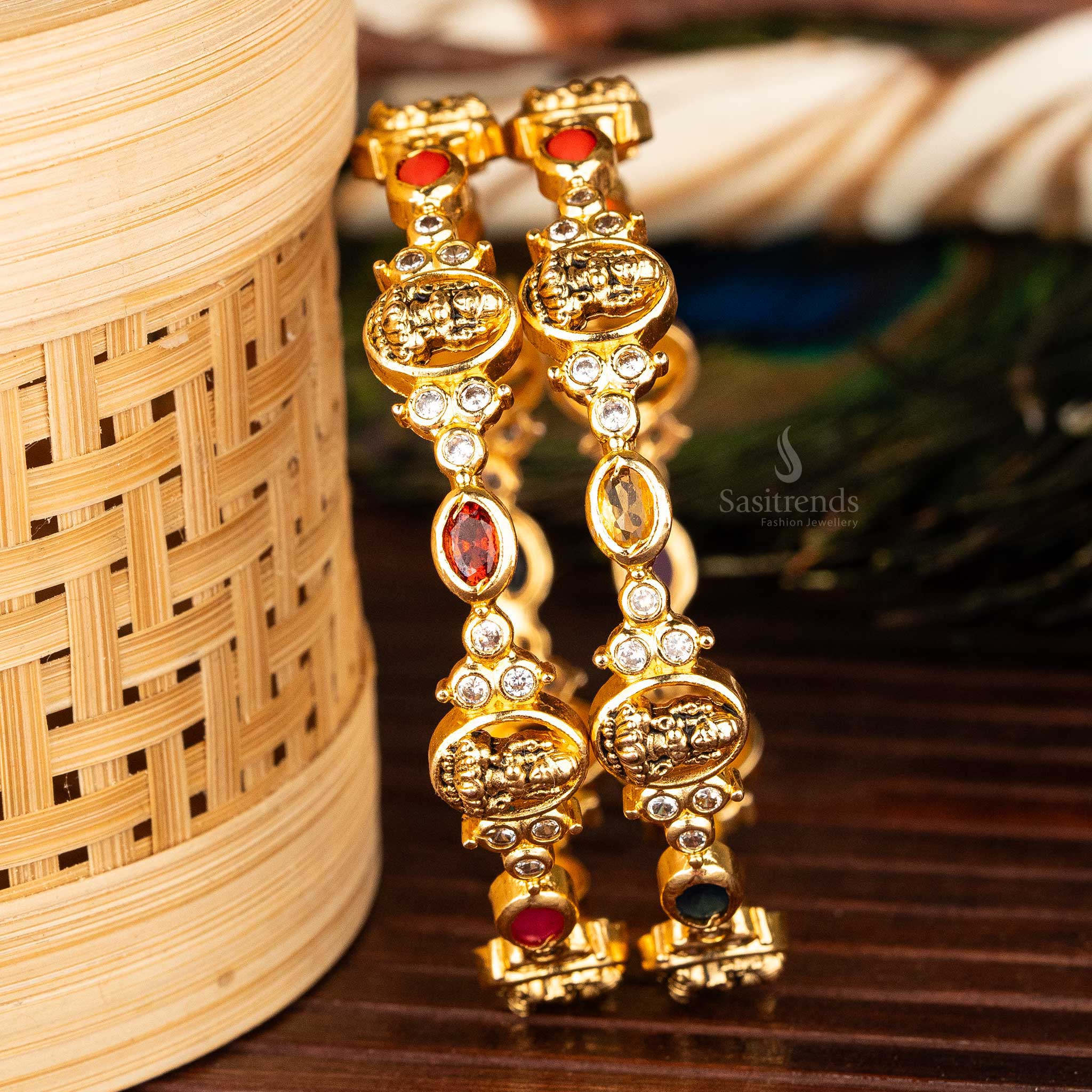 Exquisite Lakshmi Motif Bangles with Oval and Round Stones - Matte and Micro Gold Plating by Sasitrends