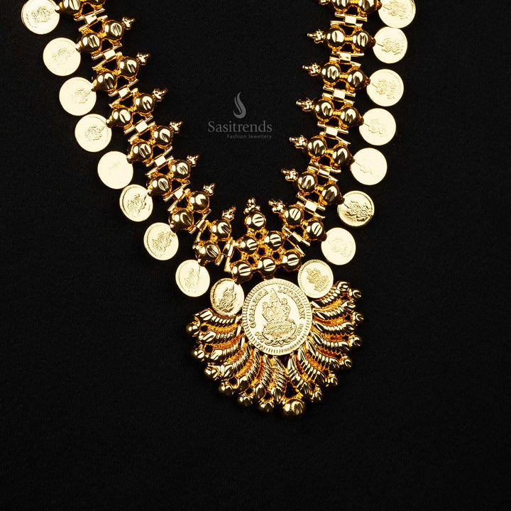 Micro gold-plated traditional Lakshmi coin necklace with intricate pendant 