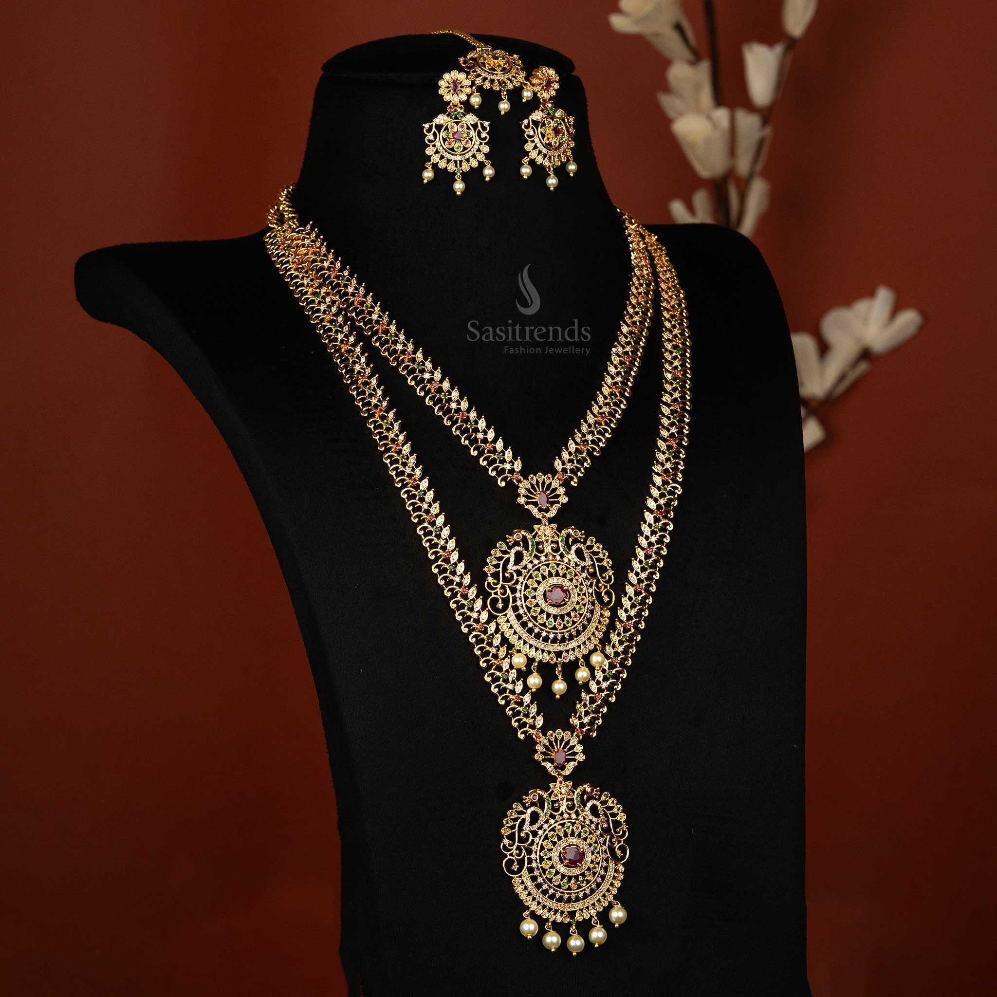 American Diamond Micro Gold Plated Long Necklace Combo Jewellery Set with Floral Motif Design Sasitrends