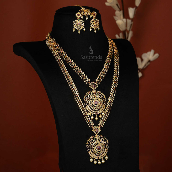 Amazing One Gram Micro Gold Plated Long & Short Necklace American Diamond Jewellery Set for weddings- Floral, Peacock & Traditional Designs - Sasitrends