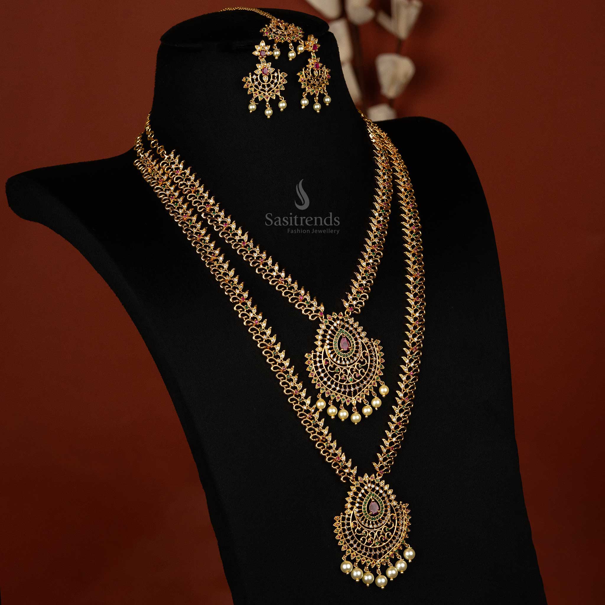 American Diamond Micro Gold Plated Necklace Combo Jewellery Set with Peacock Design Design 