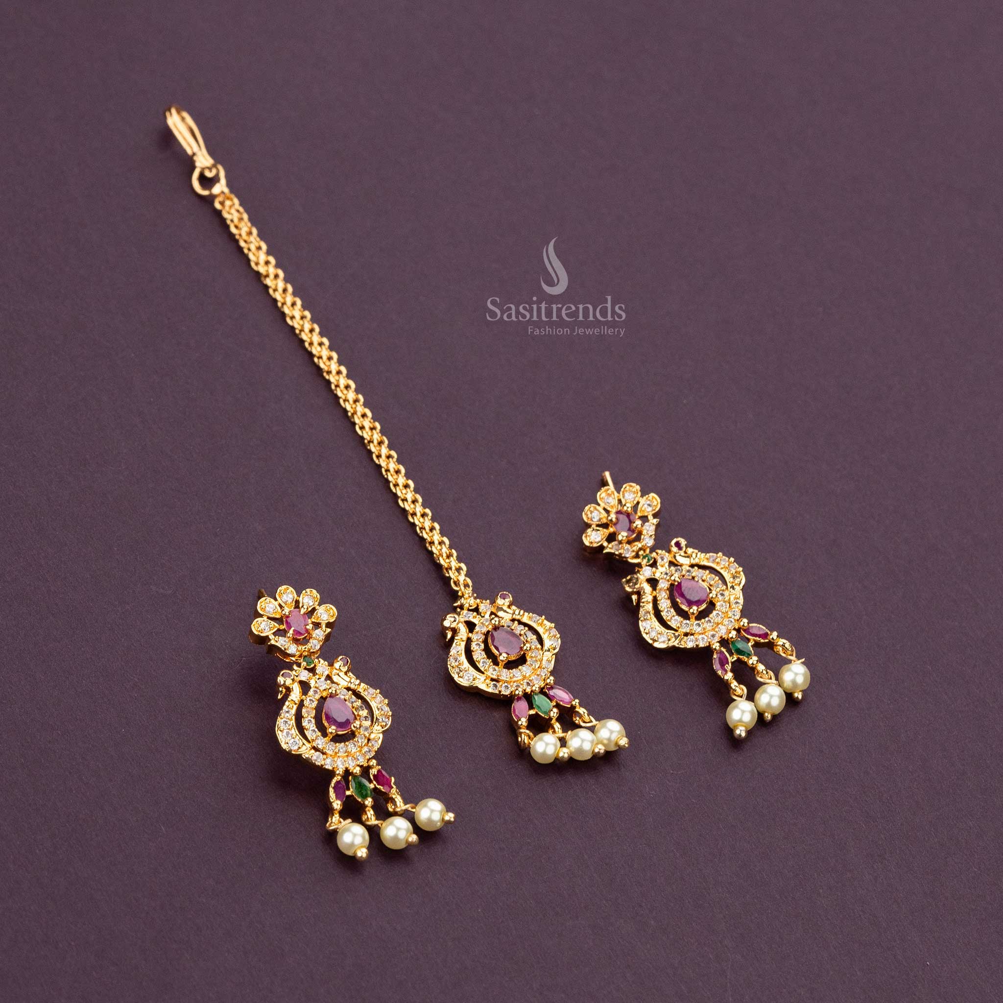 American Diamond Jewellery Set with Tikka and Earrings Design Sasitrends