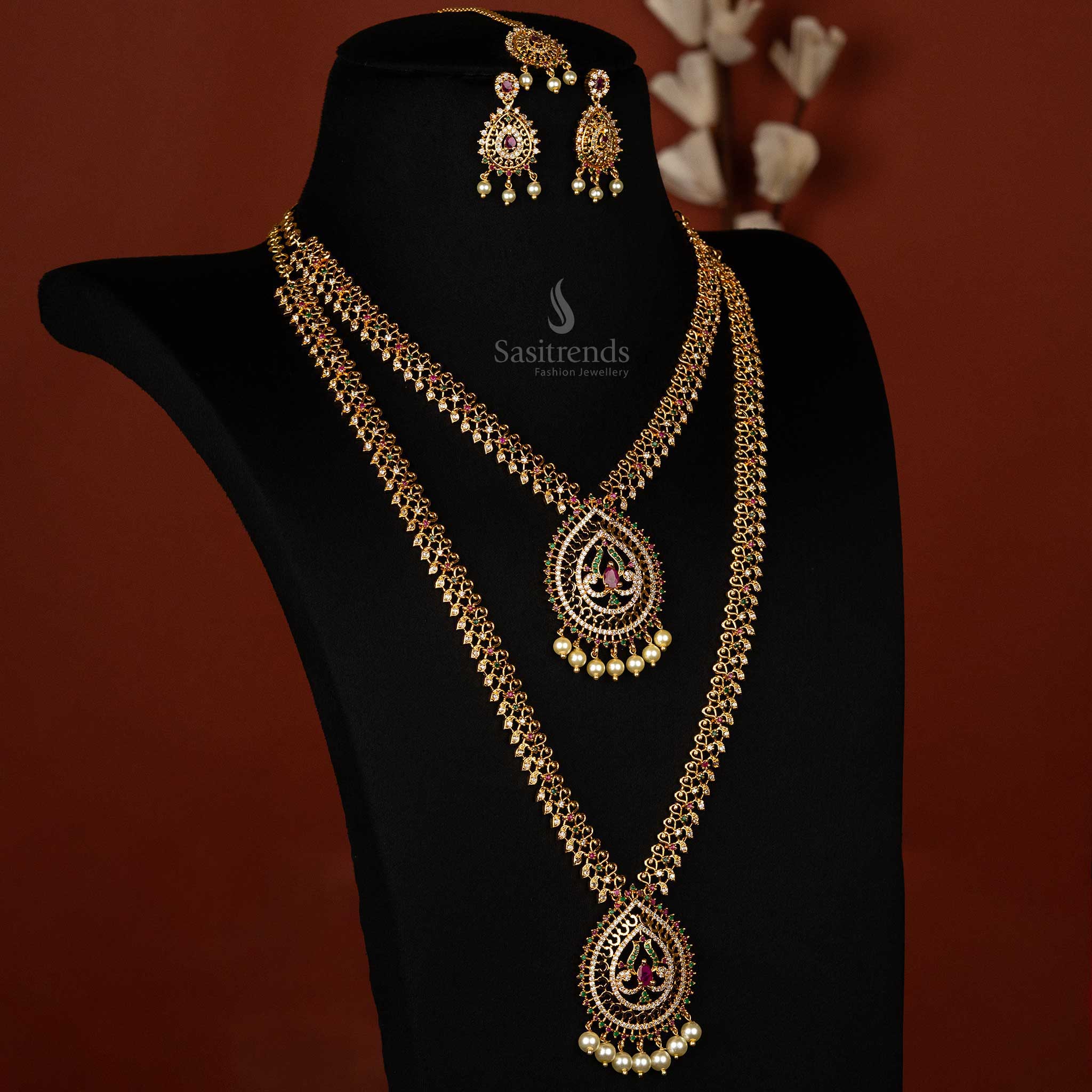 American Diamond Combo Necklace Set with Pearl Hangings Design Sasitrends Online