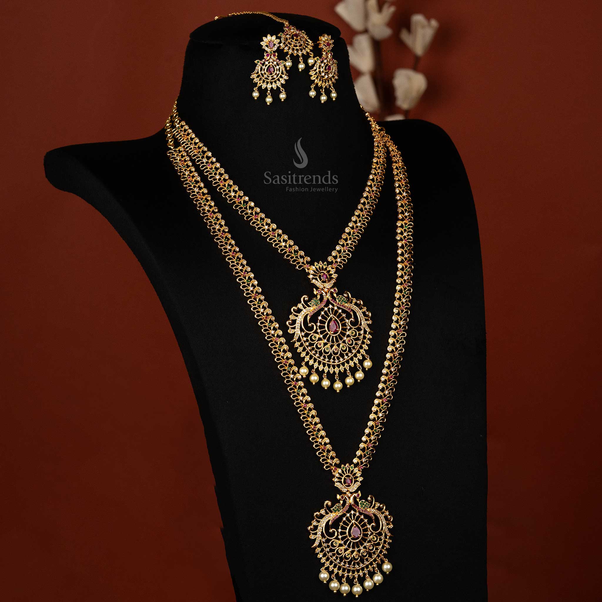 Complete View of American Diamond Necklace Set with Tikka and Earrings Peacick Design Combo Jewellery Set