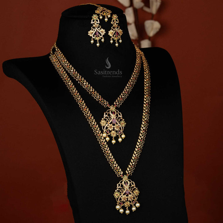 American Diamond Floral Necklace Set with Pearl Hangings Sasitrends