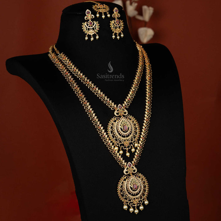 American Diamond Peacock Design Long and Short Necklace Set Sasitrends