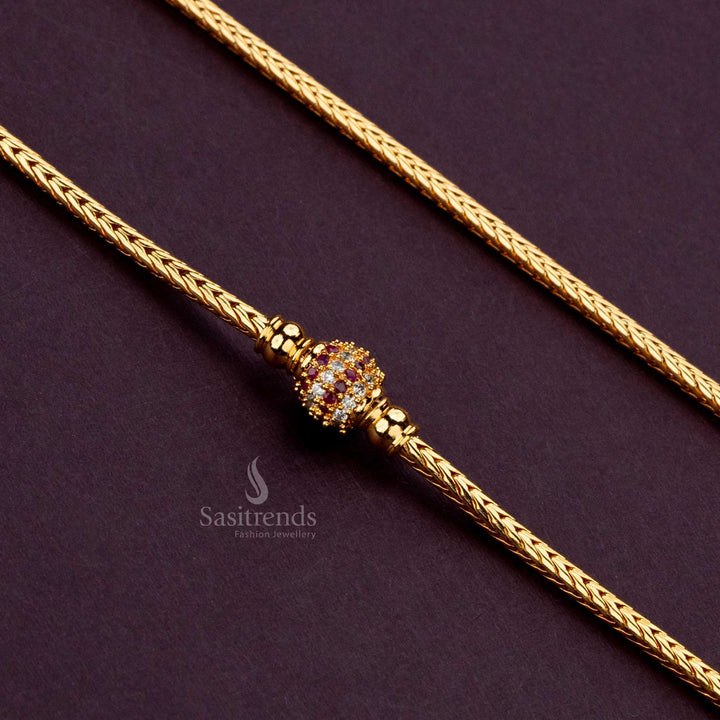 White Rub color AD stone gold-plated one ball mugappu chain, perfect for pairing with silk sarees - Sasitrends