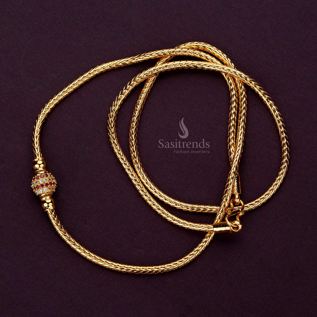 White ruby AD stone adorned gold-plated one ball mugappu chain for festive occasions - Sasitrends