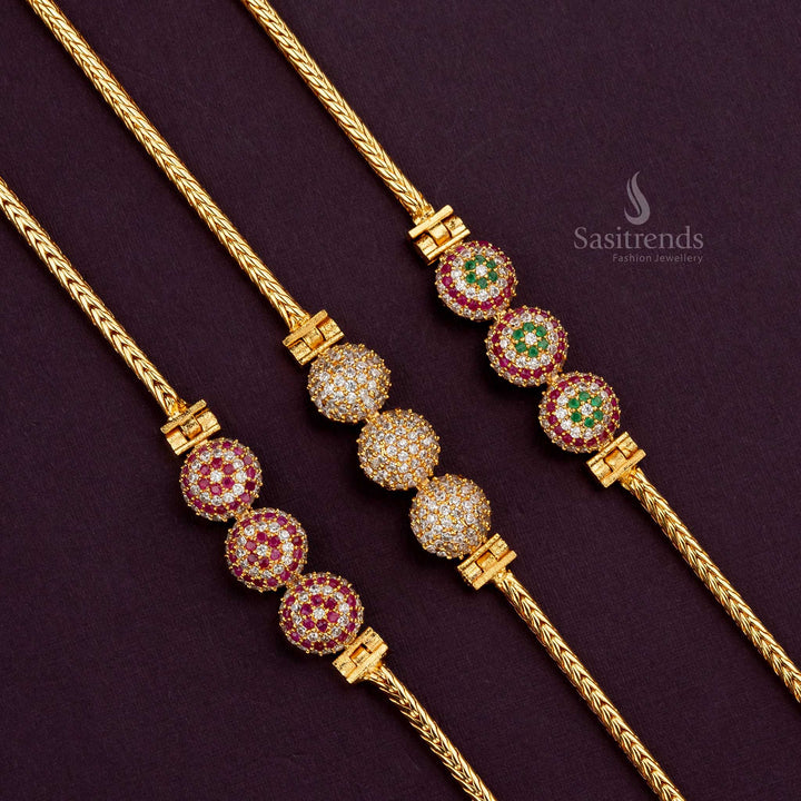 Guaranteed 24K Micro Gold-Plated Three Half Ball Mugappu Chain with AD Stones - Sasitrends