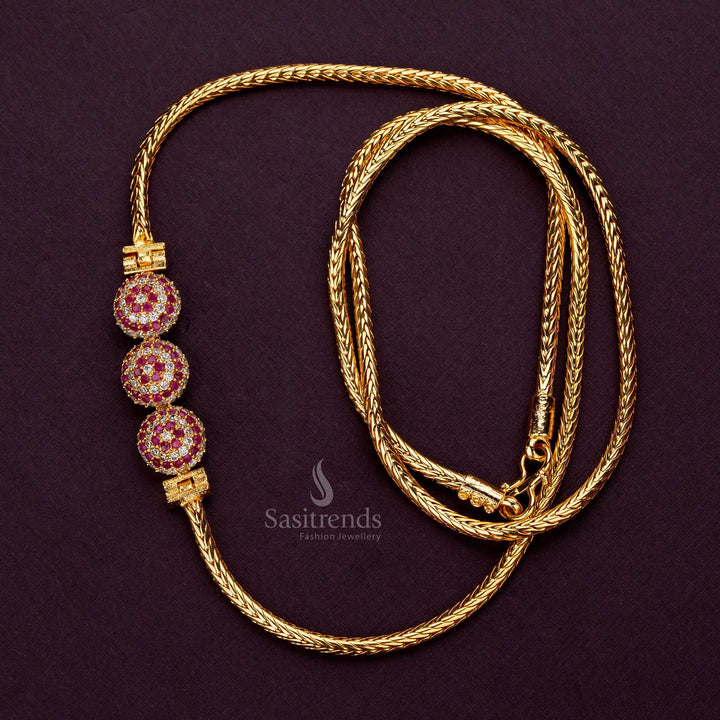 Guaranteed 24K Micro Gold-Plated Three Half Ball Mugappu Chain with AD Stones - Sasitrends - Sasitrends