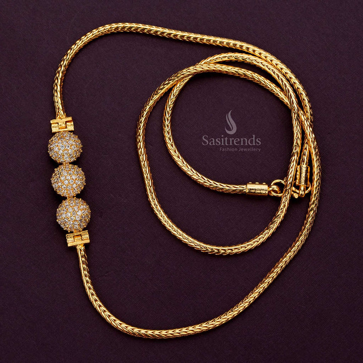 Elegant three half ball design mugappu chain with White American Diamond stones - Sasitrends