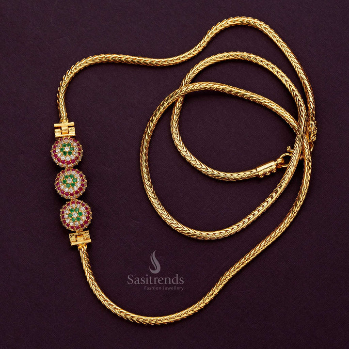 Elegant three half ball design mugappu chain with white,ruby and green three color mixed American Diamond stones - Sasitrends