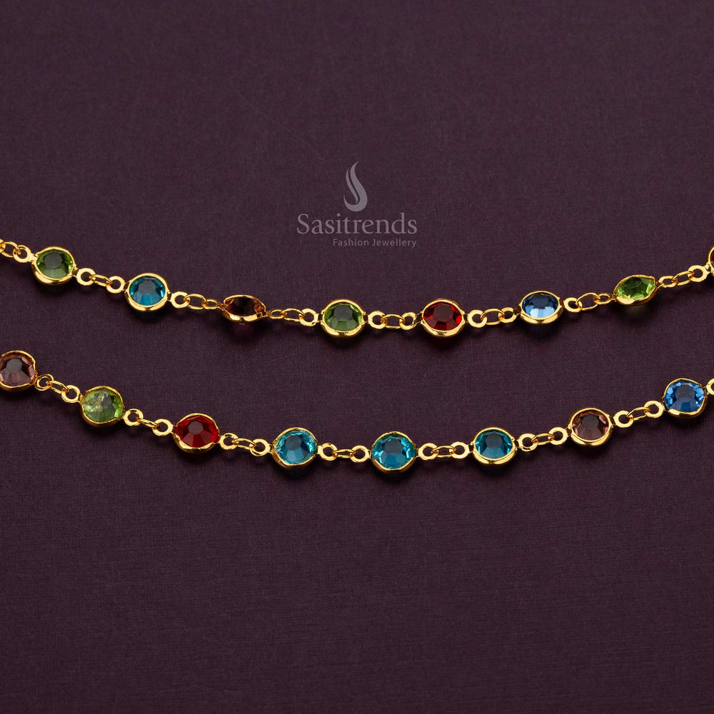 Micro gold-plated anklets with intricate Navarathrana stone design, ideal for weddings and festivals - Sasitrends