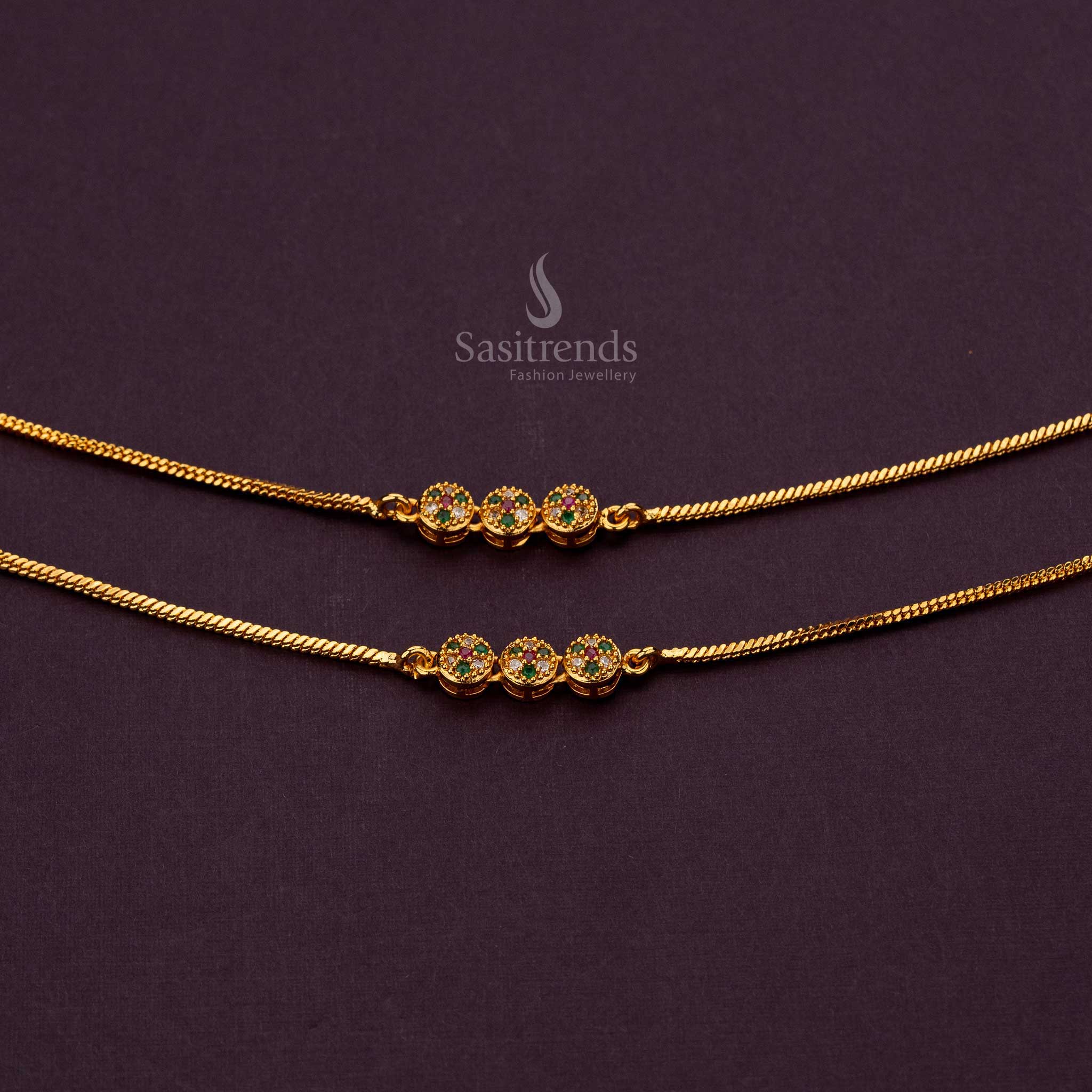 Elegant White, Ruby, Green AD stone micro gold-plated anklets with a traditional 3-round pattern - Sasitrends